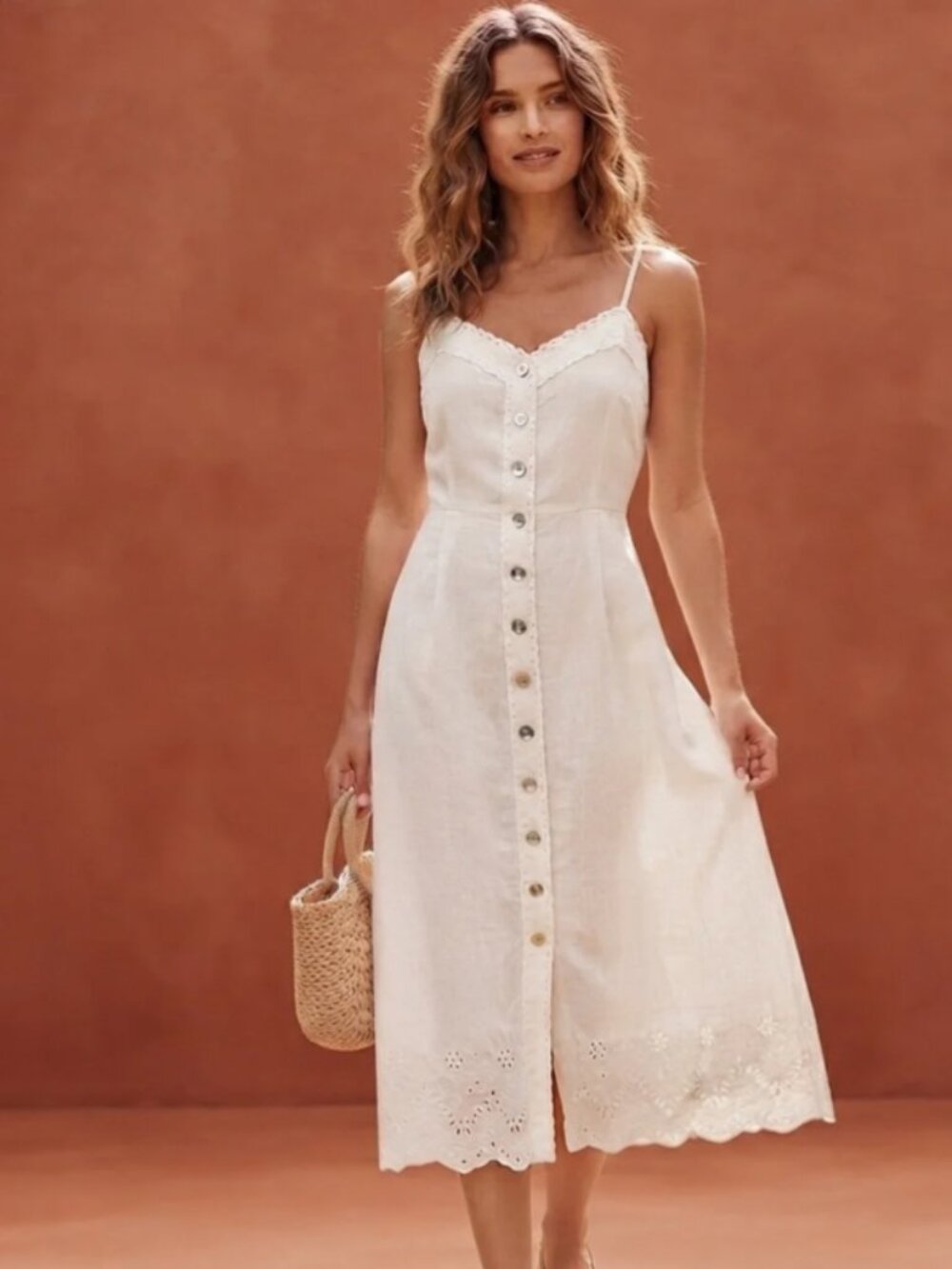 NWOT Wilfred White Linen Eyelet Button-Front Midi Dress – Size 4